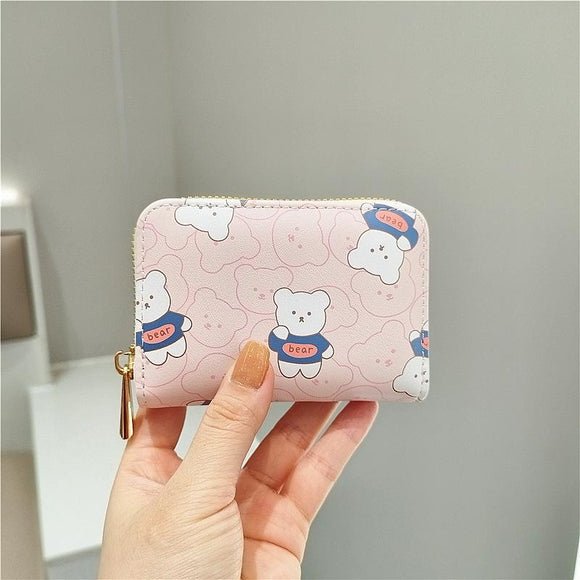 NNEDSZ Cute Bear Print Multi Slot Card Holder Anti Degaussing Design - Pink
