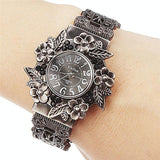 NNEDSZ Flower Embossed Retro Bracelet Watch - Women Quartz - Silver White