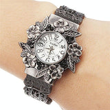 NNEDSZ Flower Embossed Retro Bracelet Watch - Women Quartz - Silver White