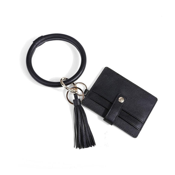 NNEDSZ Pu Leather Wrist Ring Key Chain Coin Purse Black - Black