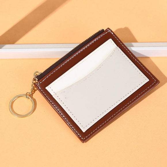 NNEDSZ Portable Simple Card Holder Coin Purse With Keychain Unisex Pu Wallet - Coffee