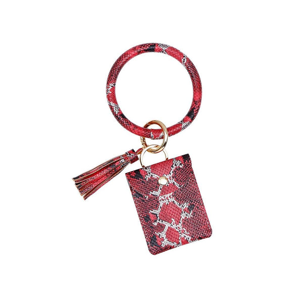 NNEDSZ Snake Print Wrist Keychain Coin Purse Black Pu Leather Bracelet Card Case - Red