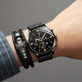 NNEDSZ Men Three-Eye Luminous Quartz Watch - Black / Gold