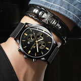 NNEDSZ Men Three-Eye Luminous Quartz Watch - Black / Gold