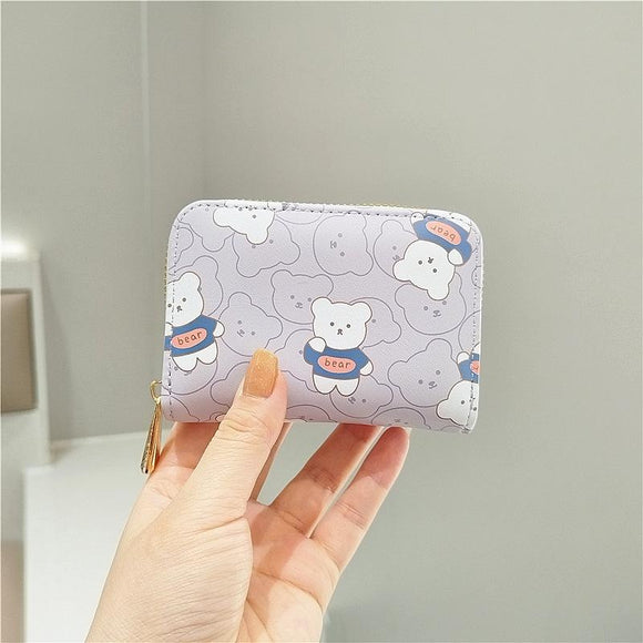 NNEDSZ Cute Bear Print Multi Slot Card Holder Anti Degaussing Design - Purple