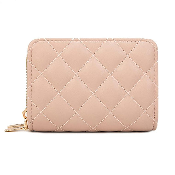 NNEDSZ Double Layer Zipper Wallet Multi Card Slot Large Capacity Rhombus Design - Pink
