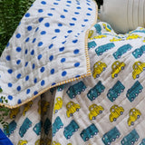 NNEDSZ GOTS Certified Organic Cotton Reversible Baby Quilt (100x120cm) - Yellow Cars