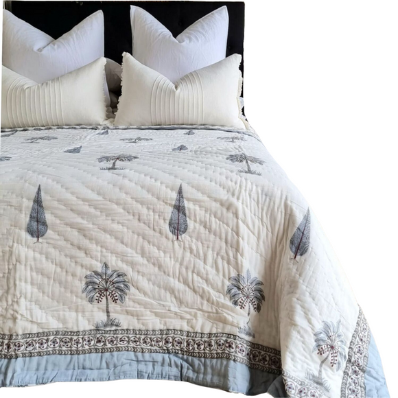 NNEDSZ Kolka Palm & Pine Reversible Quilt 100% Cotton Blue - King Size