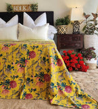 NNEDSZ Mustard Peony Kantha Bedspread Coverlet - Mustard (King - 228 cm x 274 cm)