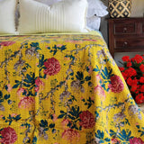 NNEDSZ Mustard Peony Kantha Bedspread Coverlet - Mustard (King - 228 cm x 274 cm)