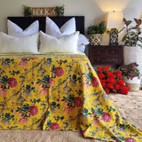 NNEDSZ Mustard Peony Kantha Bedspread Coverlet - Mustard (King - 228 cm x 274 cm)