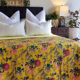 NNEDSZ Mustard Peony Kantha Bedspread Coverlet - Mustard (King - 228 cm x 274 cm)