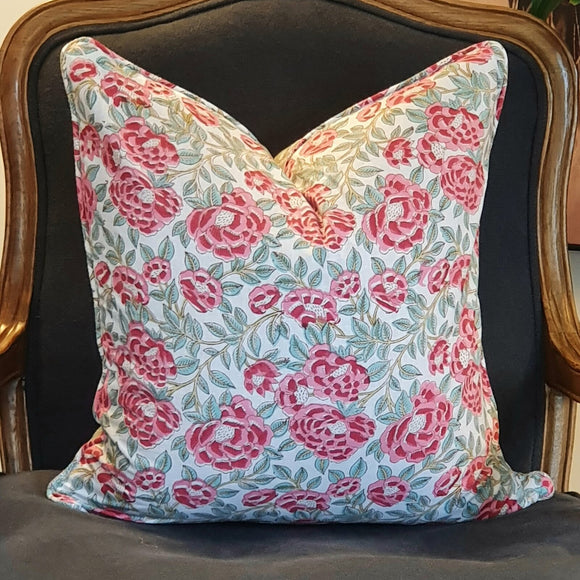 NNEDSZ Kolka Peonies Soft Cotton Voile Decorative Hand Block-Printed Cushion - Ruby