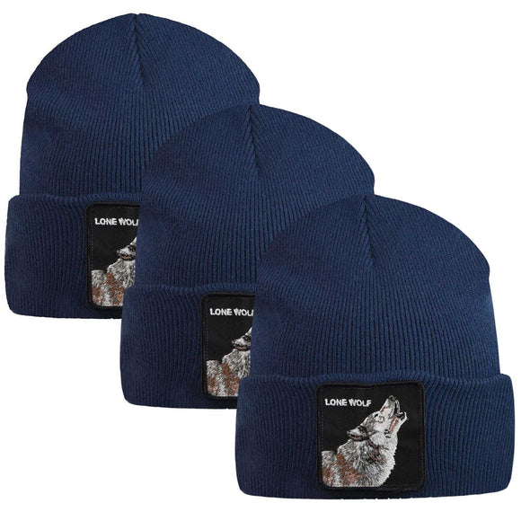 NNEDSZ 3x Goorin Wolf Man Beanie Hat Warm Winter Ski Animal Series Lone Wolf - Navy