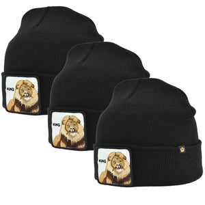 NNEDSZ 3x Goorin King Beanie Hat Hear Me Roar Warm Winter Ski Animal Series - Black
