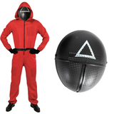 NNEDSZ Adult Squid Game Guard Tracksuit Red Full Party Costume Set w/ Mask - Triangle Mask - S/M