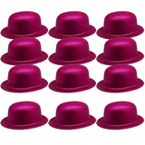 12x GLITTER BOWLER HAT Fancy Party Plastic Costume Cap Fun Dress Up Sparkle BULK - Hot Pink