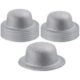 12x GLITTER BOWLER HAT Fancy Party Plastic Costume Cap Fun Dress Up Sparkle BULK - White/Silver