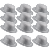 12x GLITTER BOWLER HAT Fancy Party Plastic Costume Cap Fun Dress Up Sparkle BULK - White/Silver