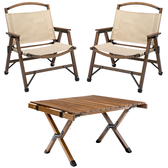 NNEDSZ Bamboo Foldable Camping Table + 2 Chairs Waterproof Wood Wooden Travel Set Kit