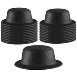 24x GLITTER BOWLER HAT Fancy Party Plastic Costume Cap Fun Dress Up Sparkle BULK - Black