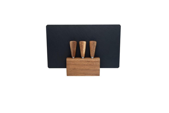 NNEDSZ 4pc Euroline Slate Wood 30cm Cheese Board w/ Plane Knife / Fork - Brown