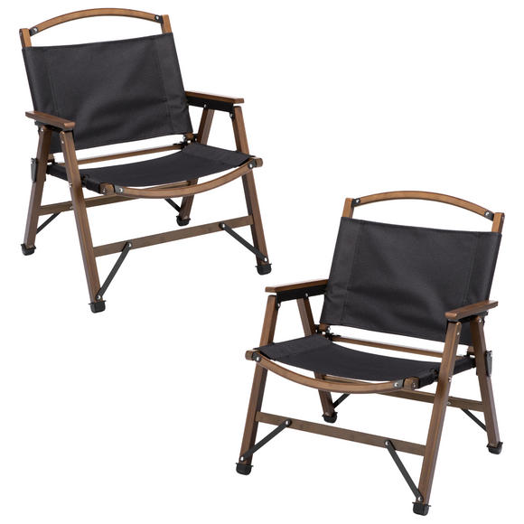 NNEDSZ 2x Bamboo Canvas Foldable Outdoor Camping Chair Wooden Travel Picnic Park - Black