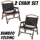 NNEDSZ 2x Bamboo Canvas Foldable Outdoor Camping Chair Wooden Travel Picnic Park - Black