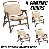 NNEDSZ 4x Bamboo Foldable Outdoor Camping Chair Wooden Travel Picnic Park Folding - Khaki/Beige