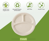 NNEDSZ 600pcs Disposable Sugarcane Bagasse 3-Compartment Paper Plates Eco 23cm (9") Bulk
