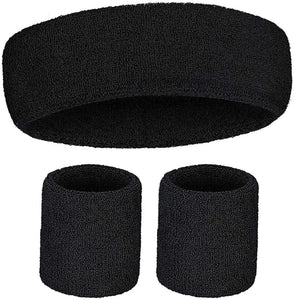 NNEDSZ WRISTBAND & HEADBAND SET Tennis Terry Towelling Cotton Sweat Band Team Gym  - Black
