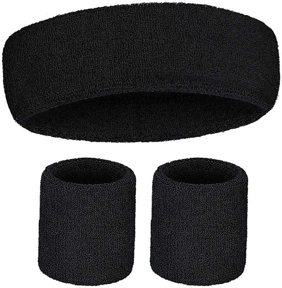 NNEDSZ WRISTBAND & HEADBAND SET Tennis Terry Towelling Cotton Sweat Band Team Gym  - Black