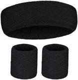 NNEDSZ WRISTBAND & HEADBAND SET Tennis Terry Towelling Cotton Sweat Band Team Gym  - Black