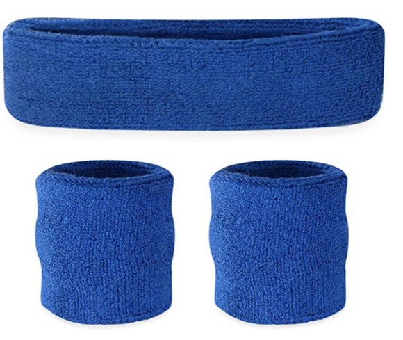 NNEDSZ WRISTBAND & HEADBAND SET Tennis Terry Towelling Cotton Sweat Band Team Gym  - Blue