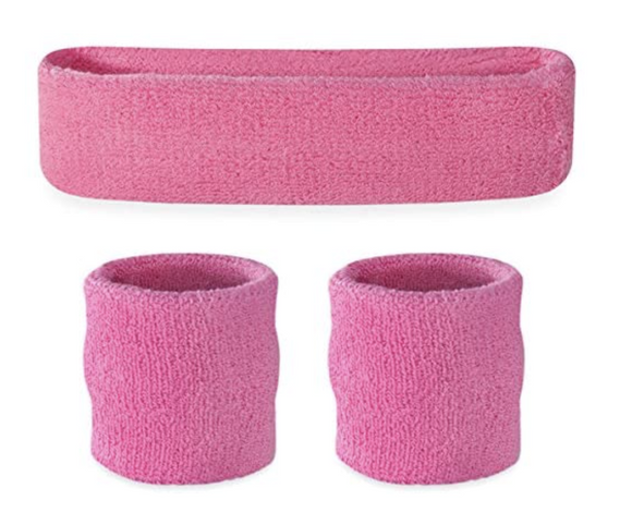 NNEDSZ WRISTBAND & HEADBAND SET Tennis Terry Towelling Cotton Sweat Band Team Gym  - Light Pink