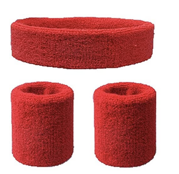 NNEDSZ WRISTBAND & HEADBAND SET Tennis Terry Towelling Cotton Sweat Band Team Gym  - Red