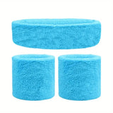NNEDSZ WRISTBAND & HEADBAND SET Tennis Terry Towelling Cotton Sweat Band Team Gym  - Sky Blue