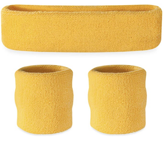 NNEDSZ WRISTBAND & HEADBAND SET Tennis Terry Towelling Cotton Sweat Band Team Gym  - Yellow