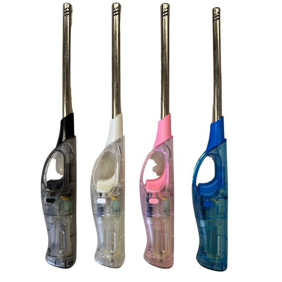 NNEDSZ 1x Clear Long Gas Lighter for BBQ Kitchen Cigarette w/ Safety Lock - Assorted Colours