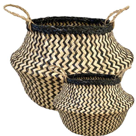 NNEDSZ 2x ROUND BELLY SEAGRASS STORAGE BASKET Natural Straw Folding - Chevron Black/Natural