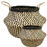 NNEDSZ 2x ROUND BELLY SEAGRASS STORAGE BASKET Natural Straw Folding - Chevron Black/Natural