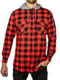 NNEDSZ Mens Cotton Flannelette Shirt w Jersey Hood Long Sleeve Flannel - Red/Black - S