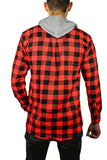 NNEDSZ Mens Cotton Flannelette Shirt w Jersey Hood Long Sleeve Flannel - Red/Black - XL