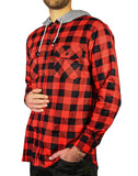 NNEDSZ Mens Cotton Flannelette Shirt w Jersey Hood Long Sleeve Flannel - Red/Black - XL