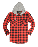 NNEDSZ Mens Cotton Flannelette Shirt w Jersey Hood Long Sleeve Flannel - Red/Black - XL