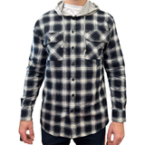 NNEDSZ Mens Cotton Flannelette Shirt w Jersey Hood Long Sleeve Flannel - Black - XL