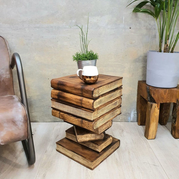 NNEDSZ Side Table Book Stack Design w Storage Compartment Natural Burned