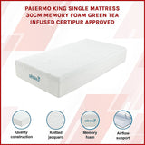 NNEDSZ Palermo King Single Mattress 30cm Memory Foam Green Tea Infused CertiPUR Approved
