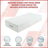 NNEDSZ Palermo Single Mattress 30cm Memory Foam Green Tea Infused CertiPUR Approved