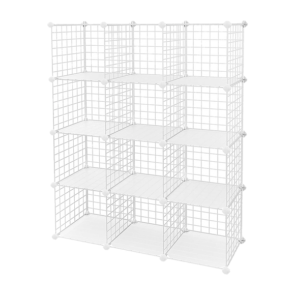 NNEDSZ 12 Cube Wire Grid Organiser Bookcase Storage Cabinet Wardrobe Closet White